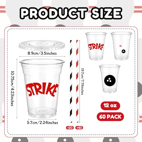 Newtay 60 Pcs Bowling Cups Bulk 12oz Bowling Themed Plastic Cups with Lids Straws Sport Party Favors for Birthday Baby Shower Decorations - style: Bowling