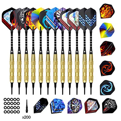 Soft Tip Darts 12 Pcs 18g Plastic Tip Darts Set with Brass Steel Barrels&Aluminum Shafts,200 Extra Dart Tips 42 Dart Flights 20 Extra Rubber Rings and 1 Storage Bag for Electronic Dart Board