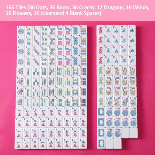 American Mahjong Game Set, 166 Pink Tiles (1.2”), 4 All-in-One Color Rack/Pushers & Drawstring Bag, Complete Mahjong Sets with Pink Printed Carrying Bag and Mahjong Tile Set Accessories - color: Pink