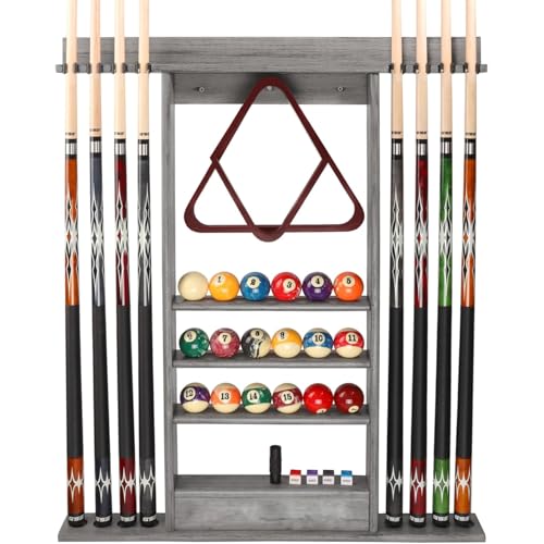 SUPERDIAMOND 8 Pool Stick Holder, Wall Mount Pool Cue Rack for Pool Table Accessories, Made of 100% Solid Wood Billiard Cue Holder Wall Mounted Display Stand for Game Room (Holds 8 Cues & Grey) - size: 8 Cues, style: SU-wa-8 Cue Racks-grey