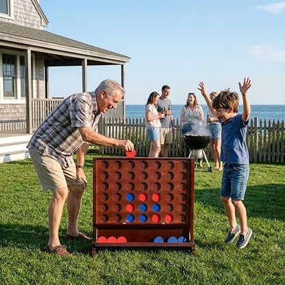 Giant Wooden 4 in A Row Game with Foldable Tray, Indoor Outdoor Games, Includes Carry Case,42 Chips and 2 Detachable Legs, 2 Style: Wall-Mount or Ground Play