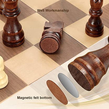 Magnetic Wooden Chess Set for Adults Kids 17'' Chess Board with Handmade Pieces, Folding Portable Travel Unique Chess Sets Game for Tournament Professional Beginner - size: 17 INCHES