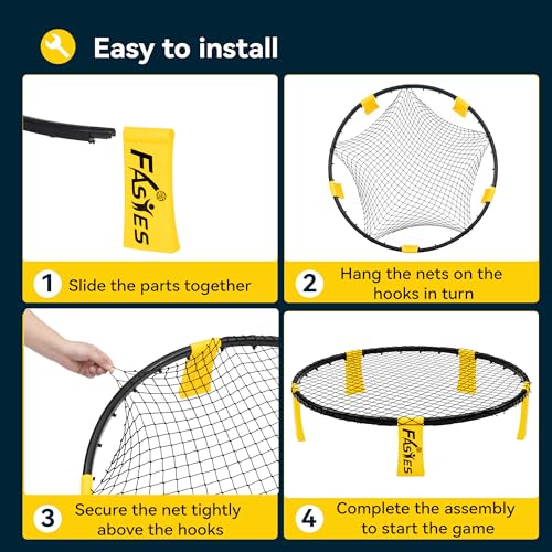 Outdoor Beach Ball Game Includes 3 Balls, Net and Carrying Bag -Roundnet Game Set for Adults, Kids, and Family - Perfect for Beach, Yard, Lawn, Backyard, and Park - color: Black and Yellow