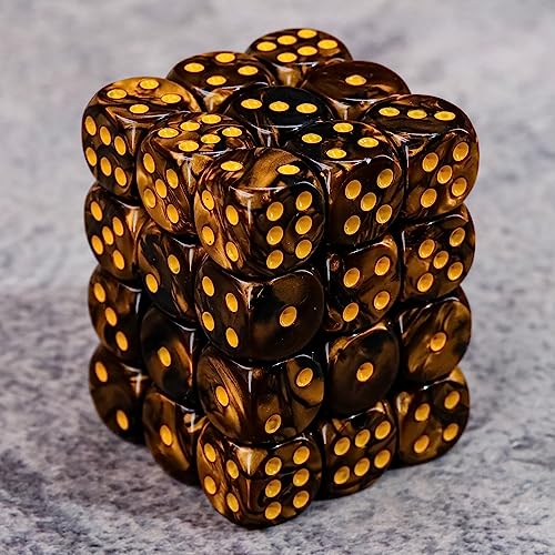 36 of Pack 12MM 6 Sided Dice Set,Two Colours D6 Game Dice Set, 6 Sided Standard Dices for Yahtzee, Bunco,with Portable Plastic Box(Golden+Black) - color: Golden Black Swirl