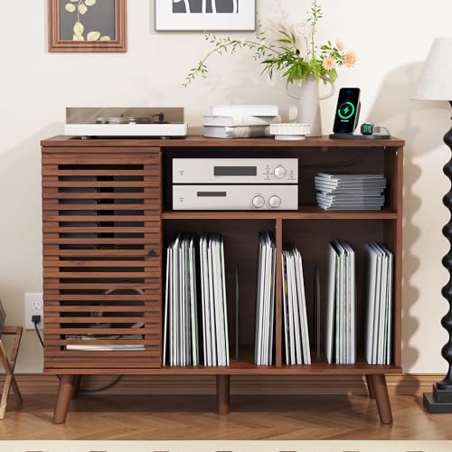 Furnify Record Player Stand with Charging Station, Mid-Century Turntable Stand with Slatted Doors, 40" W Record Player Table Holds Up to 350 Albums Vinyl Storage Display Shelf for Living Room, Walnut - color: Walnut