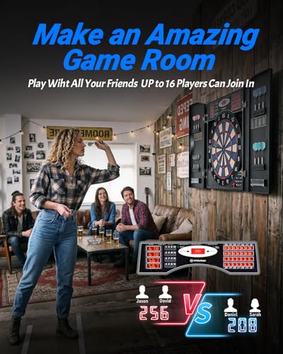 WIN.MAX Electronic Dart Board, Soft Tip Dartboard Cabinet Set for Adults, LED Scoring Dartboard with 38 Games & 211 Variants, Up to 16 Players, 12 Darts+40 Tips, Wall Mount for Bar Game Room Man Cave - style: Woodgrain