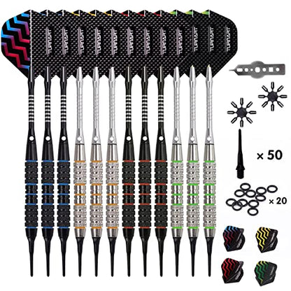 Darts Plastic Tip - Professional Soft Tip Darts Set for Electronic Dartboard 12 Pcs 18 Grams with 50 Extra Tips 24 Flights 2 Flight Protctors and Tool Kit Gift Darts (New)