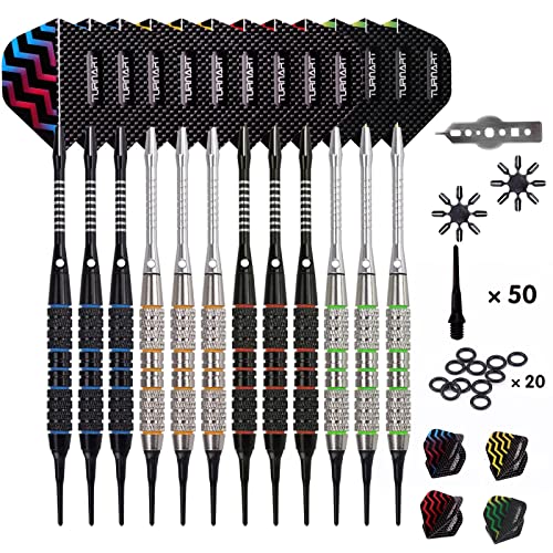 Darts Plastic Tip - Professional Soft Tip Darts Set for Electronic Dartboard 12 Pcs 18 Grams with 50 Extra Tips 24 Flights 2 Flight Protctors and Tool Kit Gift Darts (New)