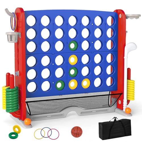 OLAKIDS Giant Connect Game Outdoor, 4 in A Row with Adjustable Height, Mesh Net, Carry Bag, Golf, Basketball Hoop, Ring Toss, Cup Holder for Kids Adults Indoor Backyard (Navy) - color: Navy