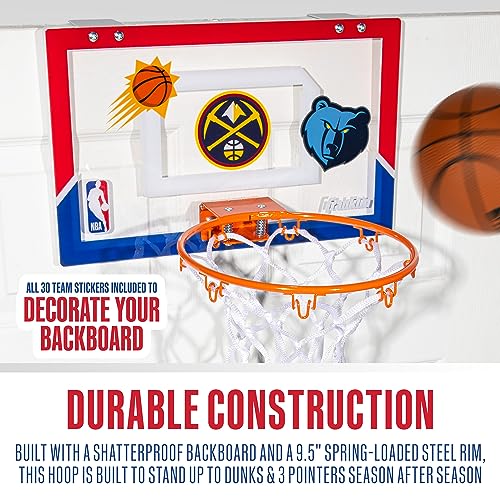 Franklin Sports NBA Over the Door Mini Basketball Hoop - Kids Custom NBA Team Indoor Mini Hoop with All 30 Team Stickers - Fan Shop Basket for Bedroom + Office