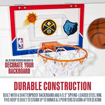 Franklin Sports NBA Over the Door Mini Basketball Hoop - Kids Custom NBA Team Indoor Mini Hoop with All 30 Team Stickers - Fan Shop Basket for Bedroom + Office