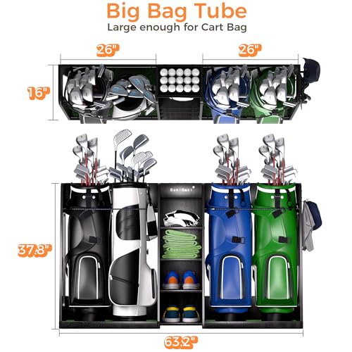 SuniBoxi Golf Organizer for Garage, XL Wooden Golf Bag Storage Rack for 4 Bags, Clubs, Balls & Equipment, Heavy-Duty Golf Bag Holder, Ideal Gift for Golfers, Dad, Husband(4 Bags,Dark Black) - size: 4 Bags