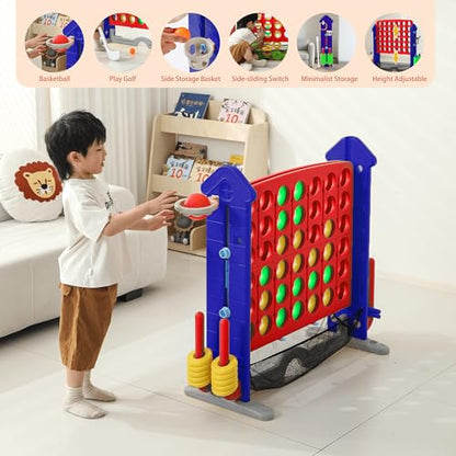4-to-Score Giant Game Set, 4-in-1 Indoor Outdoor Yard Family Connect Game (4-in-a-Row + Basketball + Ring Toss + Mini Golf), Height Adjustable 2.5–3.3FT, Includes Carry Bag - size: 43"x16"x38"-Blue&Red