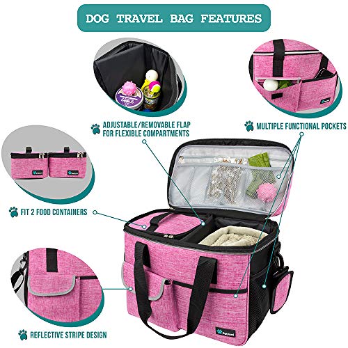 PetAmi Dog Travel Bag Organizer, Pet Travel Kit with 2 Food Containers & 2 Collapsible Dog Bowls, Pet Supplies Tote with Luggage Sleeve, Weekend Road Trip Camping Essentials, Pink, Medium - color: Pink, size: Medium - 14.5"L x 8"W x 12.0"H