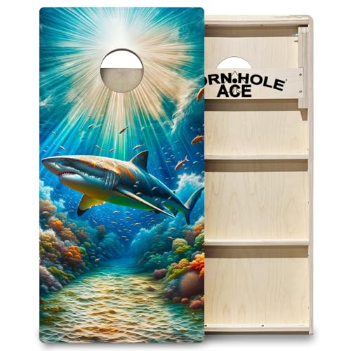 CornholeAce ACE PRO Outdoor, Space, & Underwater Professional Cornhole Boards - No Bounce! Triple Wide Legs, 3/4" Baltic Birch Plywood, Handles, Regulation Size (4x2ft), Tournament Style, Made in USA - color: Shark King, style: Underwater