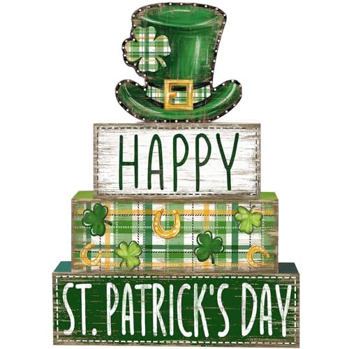 DIYDEC 4Pcs St.Patrick's Day Table Decoration Shamrocks Hat Wooden Block Signs Rustic St. Patrick Tiered Tray Decor Happy St.Patrick's Day Centerpiece Sign for Farmhouse Holiday Tabletop Party Decor - style: St.Patrick's Day Hat