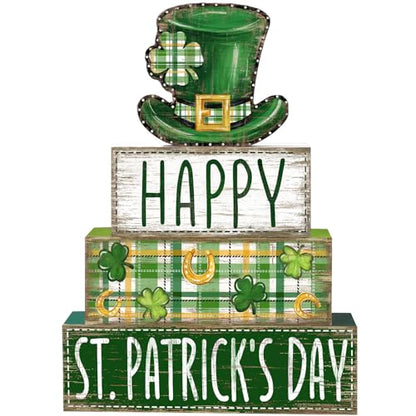 DIYDEC 4Pcs St.Patrick's Day Table Decoration Shamrocks Hat Wooden Block Signs Rustic St. Patrick Tiered Tray Decor Happy St.Patrick's Day Centerpiece Sign for Farmhouse Holiday Tabletop Party Decor - style: St.Patrick's Day Hat