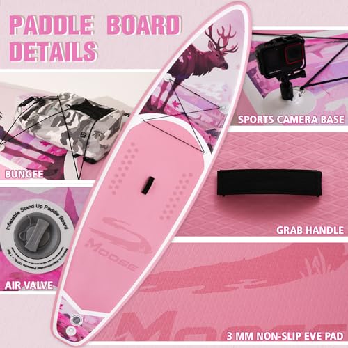 FEATH-R-LITE Inflatable Paddle Board Stand Up Paddleboards for Adults SUP with Premium Accessories Pump, Adjustable Paddle, Leash, Three Fins, Backpack - style: Blush Moose