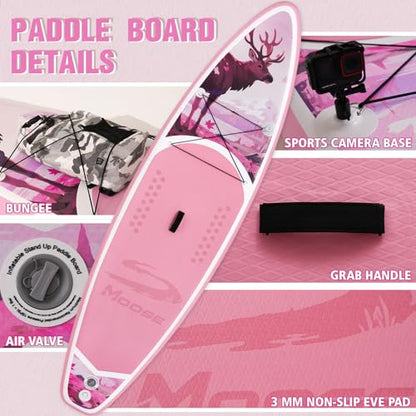 FEATH-R-LITE Inflatable Paddle Board Stand Up Paddleboards for Adults SUP with Premium Accessories Pump, Adjustable Paddle, Leash, Three Fins, Backpack - style: Blush Moose