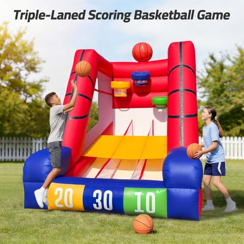 12Ft Inflatable Basketball Challenge Game, Commercial Grade PVC Basketball Game with 3 Balls & Air Blower, Multi-Player Inflatable Carnival Game for Outdoor Fun, Home & Rental Use - style: Basketball