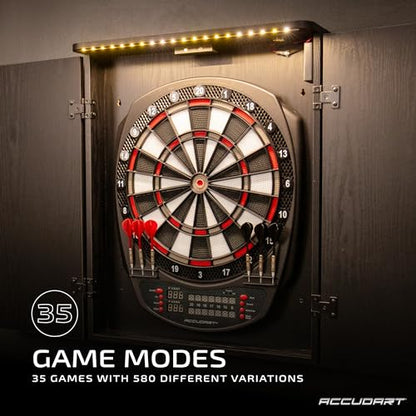 Accudart NOVA Electronic Dartboard with Cabinet – 35 Games, 580 Variations, Dual LED Scoring, Auto LED Cabinet Lighting, Virtual Opponent, AC/Battery Power – Includes Soft Tip Darts