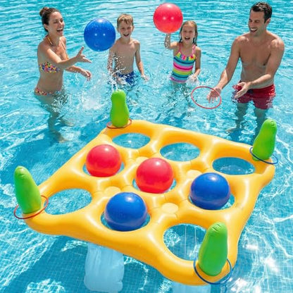 2 in 1 Pool Toys Games Set Inflatable Pool Float with 10 Balls & 8 Rings Tic-Tac-Toe Pool Games, Fun Summer Party Beach Outdoor Yard Game - color: Yellow