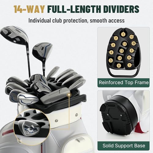 uniHimal Golf Cart Bag with 14-Way Full-Length Dividers, Golf Bag for Men Women with Magnetic Leather Pocket, Handles and Rain Cover, Lightweight Golf Club Bag Includes Cooler Pockets - color: Pearl White