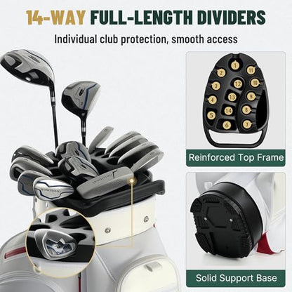 uniHimal Golf Cart Bag with 14-Way Full-Length Dividers, Golf Bag for Men Women with Magnetic Leather Pocket, Handles and Rain Cover, Lightweight Golf Club Bag Includes Cooler Pockets - color: Pearl White