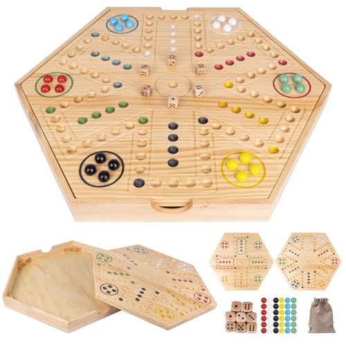20inch Wahoo Board Game,2 In 1 Marble Board Game with Storage box for 4 or 6 Players,Large Size Fast Track Board Game with 36 Glass Marbles,8 Dice,Storage Bag and Instruction Manual,Classic Board Game