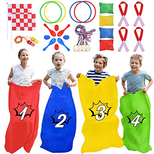 GOLDGE 28 Piece Outdoor Games Kit for Kids - Includes Big Potato Sack Race Bags, Bean Bag Toss, 3 Legged Race Bands, Egg Spoon Relay, for Easter, Christmas & Birthday Parties in The Yard & Lawn - size: 38x24"