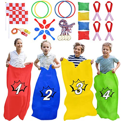 GOLDGE 28 Piece Outdoor Games Kit for Kids - Includes Big Potato Sack Race Bags, Bean Bag Toss, 3 Legged Race Bands, Egg Spoon Relay, for Easter, Christmas & Birthday Parties in The Yard & Lawn - size: 38x24"