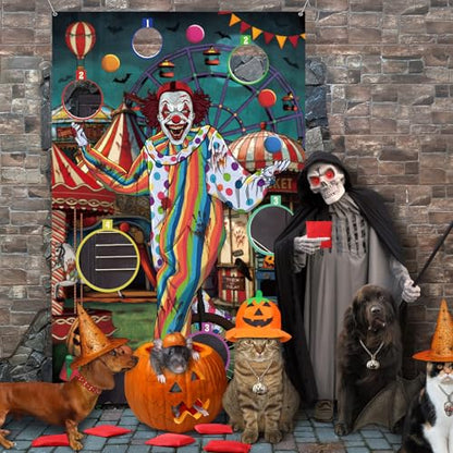 WovWeave Halloween Toss Game Banner with 3 Bean Bags Scary Clown Toss Banner Halloween Carnival Party Throwing Game for Kids Adults Trick or Teat Circus Party Favors Supplies