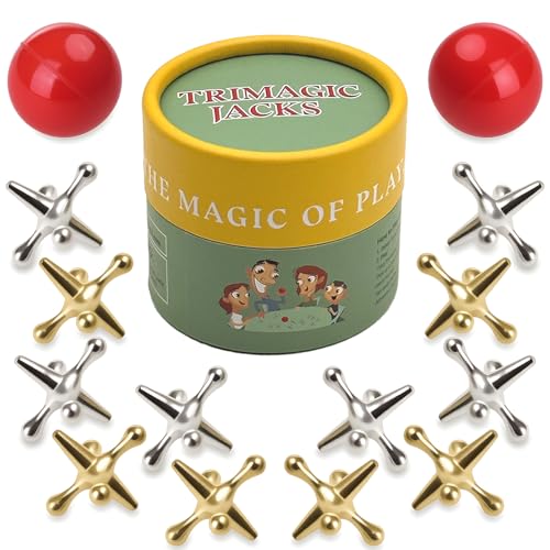 TriMagic Metal Jacks Game with Ball Classic, Jax Toy, Vintage Jacks and Ball Set, Original Jax Game, Retro Old School Toys for Family, Old Fashioned Nostalgic Gifts - style: 12 Jacks+2 Balls+ Portable Box