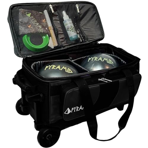 Pyramid Deluxe Double Roller 2 Ball Bowling Bag with Large Separate Shoe Compartment (Up To 2 Pairs Of Shoes) and Accessory Pockets, Sturdy Square Handle - Extends to 40" - Pro Options Available - color: Pro Black/Black