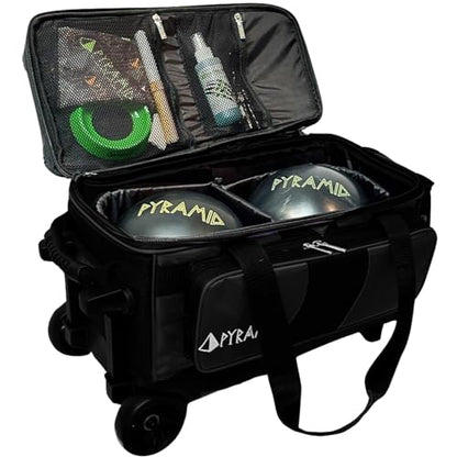 Pyramid Deluxe Double Roller 2 Ball Bowling Bag with Large Separate Shoe Compartment (Up To 2 Pairs Of Shoes) and Accessory Pockets, Sturdy Square Handle - Extends to 40" - Pro Options Available - color: Pro Black/Black