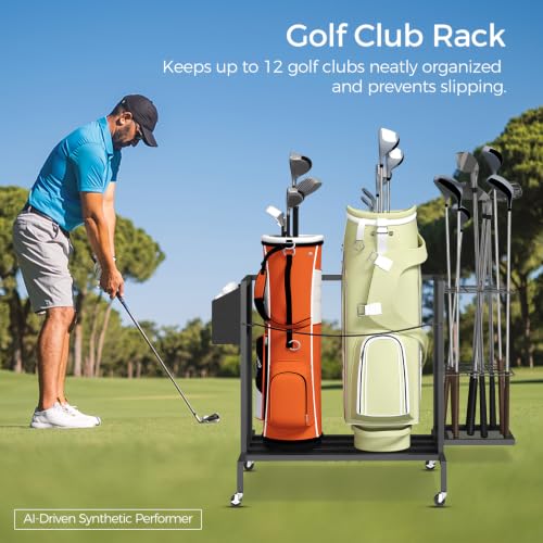 MAHANCRIS Golf Bag Organizer for Garage, Golf Bag Storage Stand Fits 2 Golf Bags, Freestanding Golf Club Holder for Garage, Shed, Home, Basement, Other Golfing Equipment Accessories, Black BEBK17501