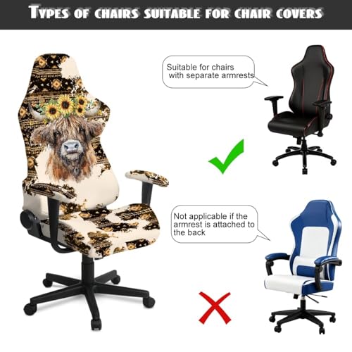Highland Cattle Print Gaming Chair Covers Slipcovers Aztec Sunflower Print Game Chair Cover with Armrest Covers Skin Friendly Breathable - color: Brown - Highland Cattle Aztec Sunflower