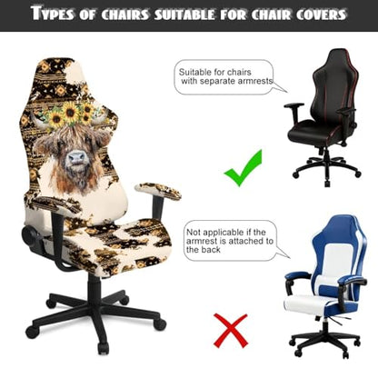 Highland Cattle Print Gaming Chair Covers Slipcovers Aztec Sunflower Print Game Chair Cover with Armrest Covers Skin Friendly Breathable - color: Brown - Highland Cattle Aztec Sunflower