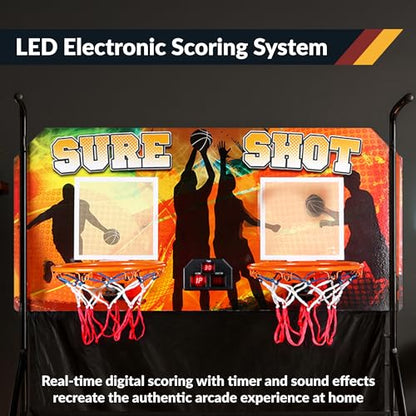 Hathaway Sure Shot 81-in Dual Basketball Arcade Game for Game Room - with LED Scoring, Foldable Indoor Basketball Game Design, Steel Frame, 8 Game Modes, Pump & Dual Hoops - Orange/Black Finish