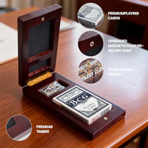 Cribbage Board Game Set, Magnetic Lock & Built-in Storage - 3-Track Foldable Portable Travel Board for Family & Adults to Boost Logic, Focus and Social Fun