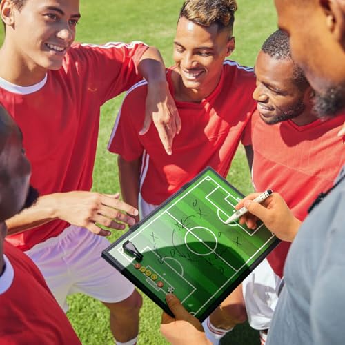 WISYOK Leather Covered Magnetic Soccer Lineup Board, Foldable and Portable Clipboard for Coaches with 48 Cards, 2 Markers, 4 Hooks and 1 Organizer Bag - style: Soccer Leather