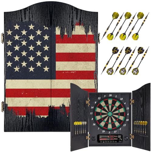 Electronic Dart Board, Decorative Dart Board Cabinet Set for Adults [12*Bronze Soft Tip Darts] [Cricket Game Mode]- Wooden Electric Dartboard Cabinet - style: US FLAG