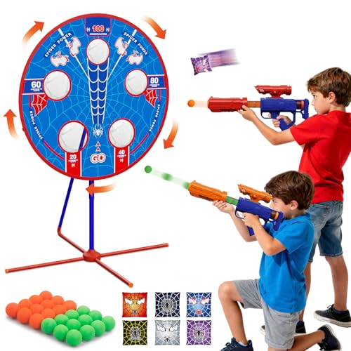 Spider Shooting Games Toys for Kids, Outdoor Indoor Yard Party Game with Rotating Target, 2 Air Blasters & 24 Foam Balls, 2-in-1 Bean Bag Toss Game for Boys Girls Ages 4 5 6 7 8 9 10+ Birthday Gift