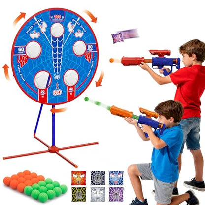 Spider Shooting Games Toys for Kids, Outdoor Indoor Yard Party Game with Rotating Target, 2 Air Blasters & 24 Foam Balls, 2-in-1 Bean Bag Toss Game for Boys Girls Ages 4 5 6 7 8 9 10+ Birthday Gift