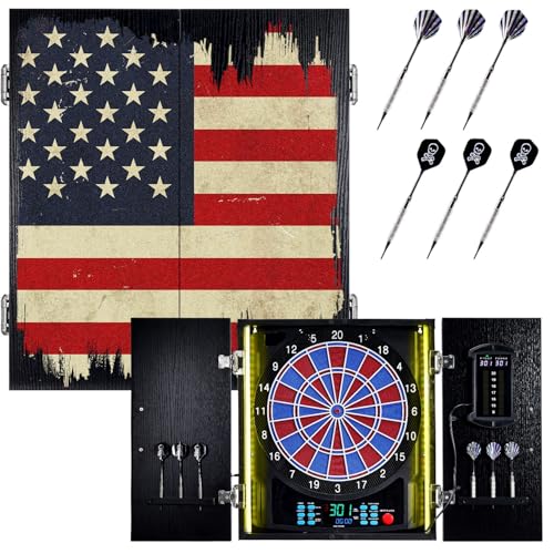 Electronic Dart Board, Electric Dartboard Cabinet Set for Adults [6 Soft Tip Darts] Individual Light Color for Each Player- Wooden Dartboard Cabinet for Family Game - US Flag