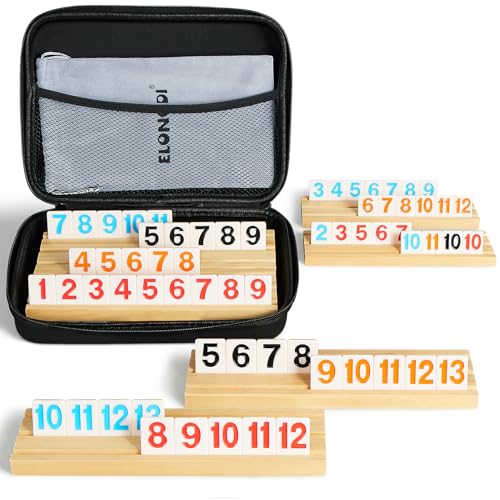 ELONGDI Rummy Cube 6 Player Large Numbers Edition, 160 Rummy Tiles with 6 Wooden Racks, Portable Case & Storage Bag - Classic Board Game for Family Adults & Kids