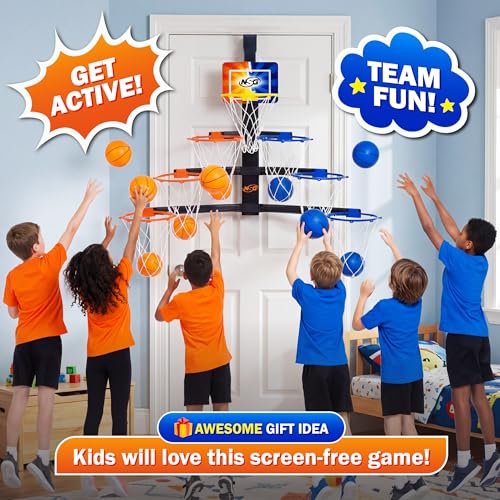 NSG Over The Door Basketball Hoop - Adjustable Height 7 Hoop Race Pyramid with 8 Mini Foam Balls & Carry Bag, Wall-Mounted, Easy Setup, Kids Indoor/Outdoor Game for Ages 5+ Years - style: Hoop Race