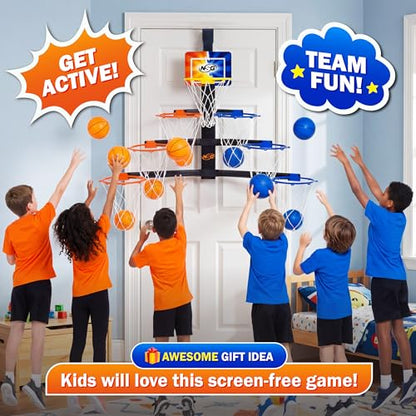 NSG Over The Door Basketball Hoop - Adjustable Height 7 Hoop Race Pyramid with 8 Mini Foam Balls & Carry Bag, Wall-Mounted, Easy Setup, Kids Indoor/Outdoor Game for Ages 5+ Years - style: Hoop Race