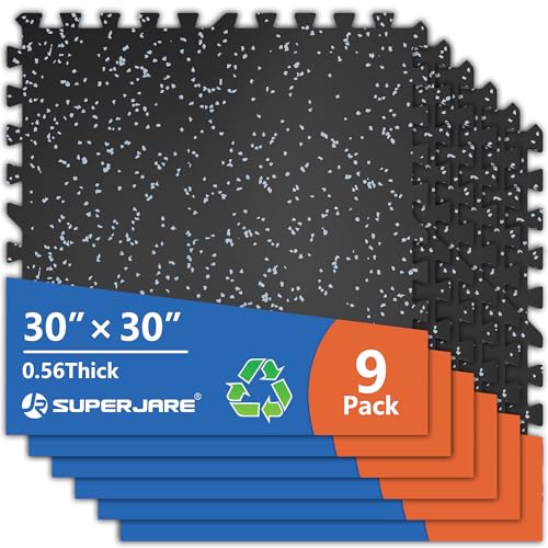 SUPERJARE 30" x 30" Larger Rubber Top Exercise Equipment Mats, 0.56" Thick 9PCS 56.3 Sq Ft High-Density EVA Foam Interlocking Gym Flooring, Big Workout Mat for Home Gym, Floor Protection, Black/Grey - size: 9 Tiles (56 Sq Ft)