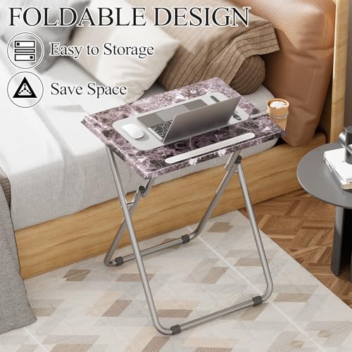 Folding TV Tray Table with Cup Holder, TV Dinner Table with Sturdy MDF Top, Eating Trays with Tablet Slot for Living Room, Bedroom, Sofa (Black Marble, 4Pcs) - color: Black Marble, size: 4PCS